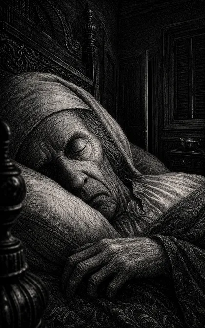 El viejo duerme de lado en su cama; el dormitorio permanece a oscuras y la puerta apenas se distingue al fondo.