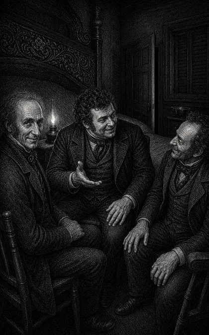 Tres agentes vestidos de oscuro conversan sentados en el dormitorio, iluminados por un único quinqué.